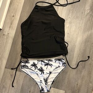 Black Halter Top with Palm Print Bikini Bottom
